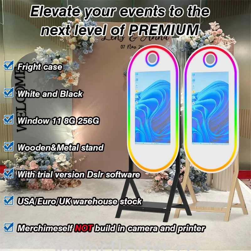 55-inch imitation wood grain foot magic mirror photo booth, 32-inch touch screen magic mirror, built-in mini computer, with flig A57c90bd8ed32425495497f6beff91bccg