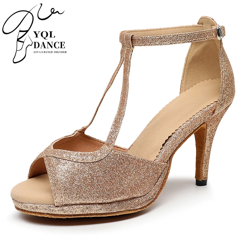 

Woman Gold Glitter Cloth Latin Dance Shoes Women 2cm Platofrm Bachata Salsa Dancing Shoes Girls Soft Bottom T-strap Latino Shoe