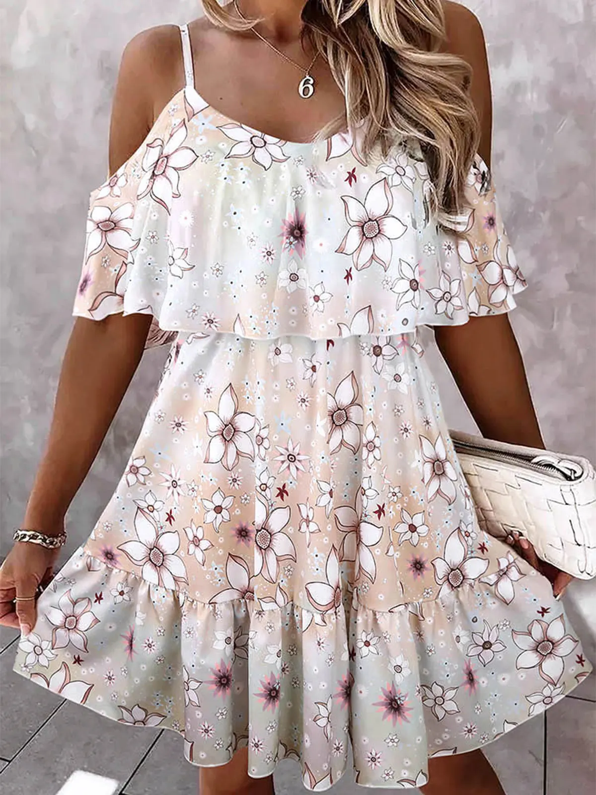 

Tropical Floral Ruffled Layered Cold Shoulder Mini Dress Print V-Neck Casual Dress Women Sleeveless Summer Holiday Mini Dress