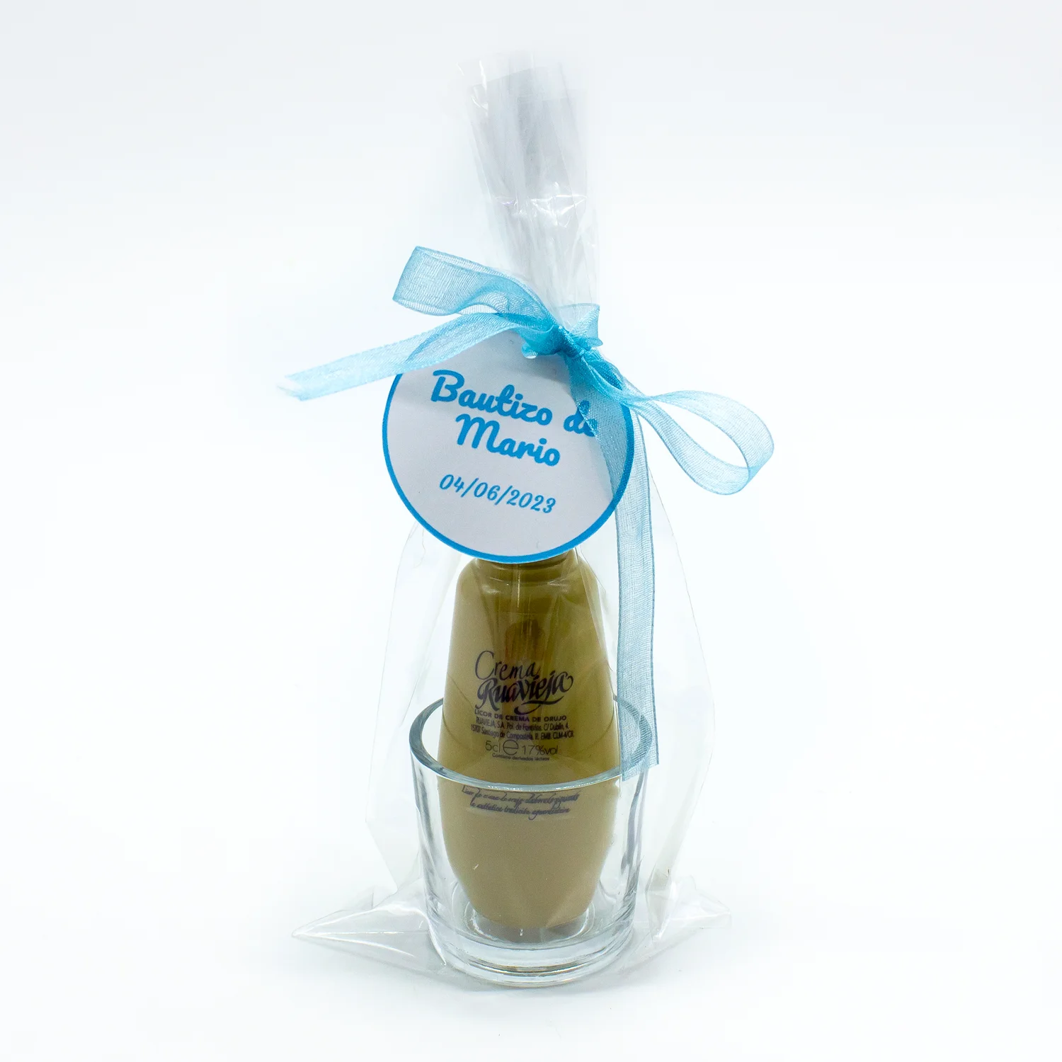 10 Mini botellitas de RuaVieja Crema En Kit Para Montar tu Detalle Con Vasito de chupito, Bolsas y etiqueta en blanco para eventos