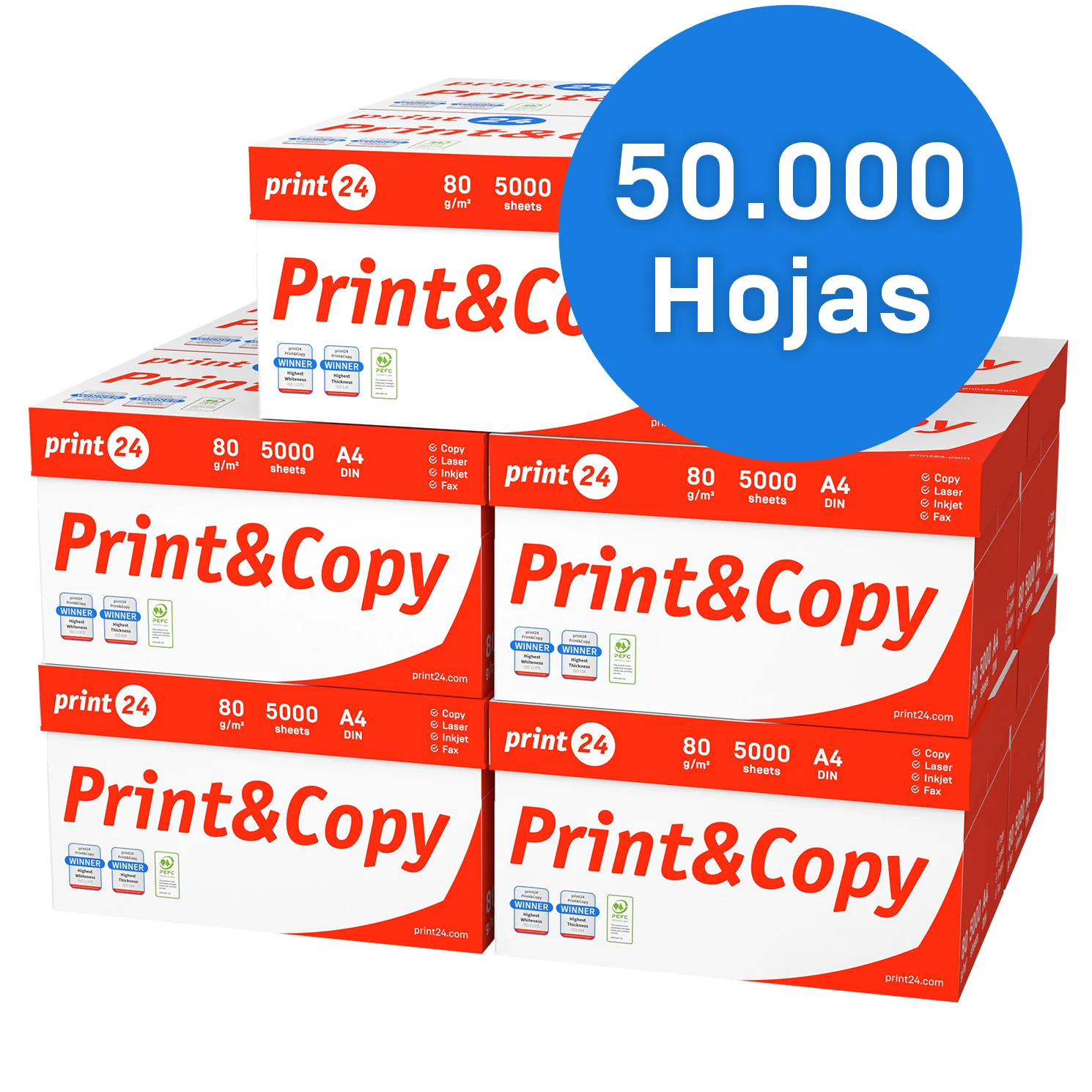 print24 Papel de Copia A4 50000 Hojas (100 x 500) – Papel para Impresora Blanco Premium 80 g/m² Certificado PEFC