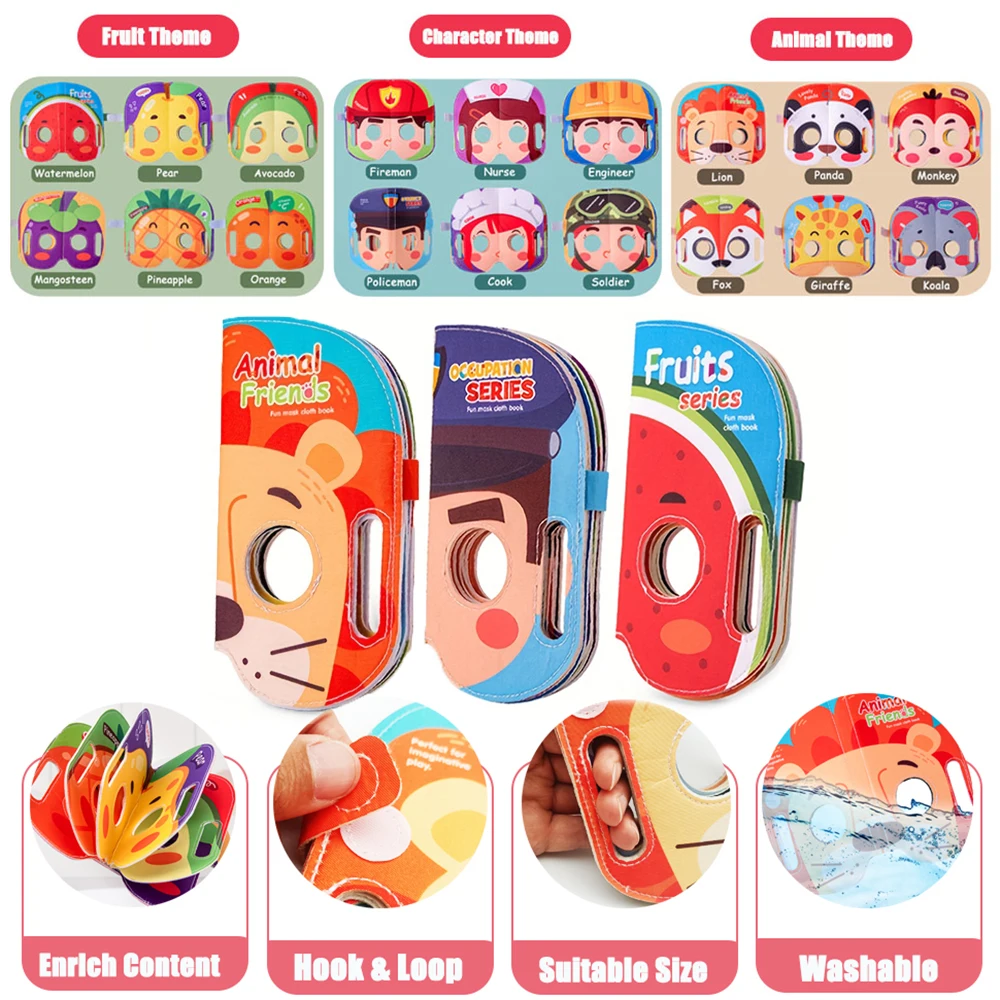 Mask Cloth Book Baby Toy, Animal Fruit Character Role-Playing, Pretend Play Cognitive Learning Toy, Birthday Christmas Gift 2