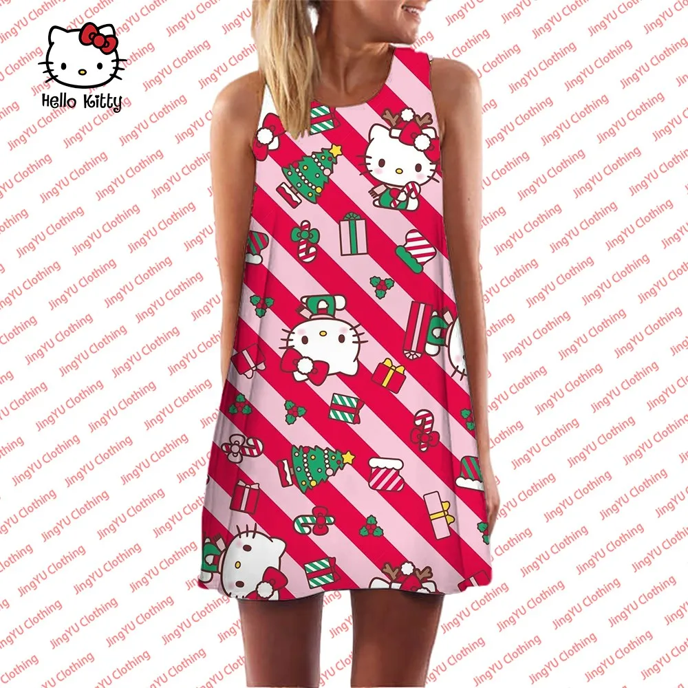 

Sanrio Hello Kitty sleeveless round anime character loose nightgown kawaii summer cartoon student sweet short skirt for women