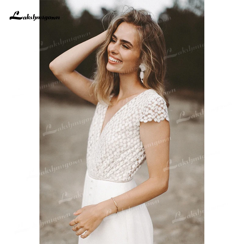 Boho Simple V-neck Sexy Backless Button Sashes Lace Jumpsuit Wedding Dress Chiffon Bridal Gown Short Cap Sleeve Vestido De Noiva