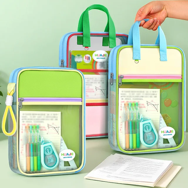 HUAJIE Student Handheld File Bag, Dopamine Color Tote, L-Shaped Zipper Mesh Folder, Exam Paper Storage and Subject Organizer 1