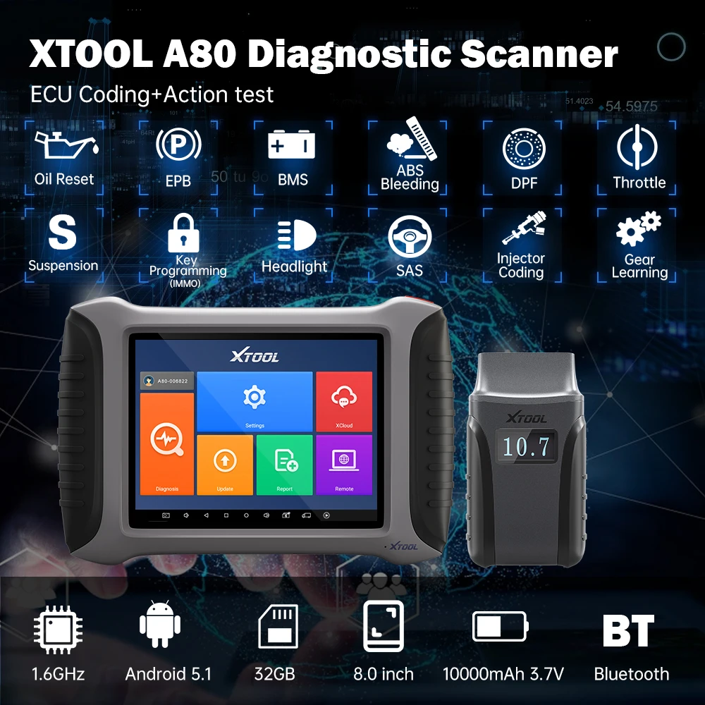 XTOOL A80 자동차 진단 도구 자동차 OBD2 블루투스 전체 시스템 스캐너 ECU 코딩 활성 테스트, 35 + 재설정 무료 배송