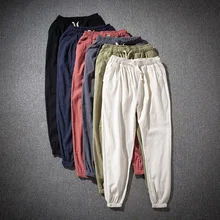 Cotton Linen Harem Pants Men Solid Elastic Waist Streetwear Joggers 2022 New Baggy Drop-crotch Pants Casual Trousers Men Running