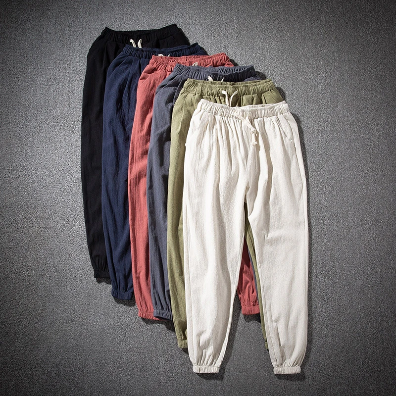 Cotton Linen Harem Pants Men Solid Elastic Waist Streetwear Joggers