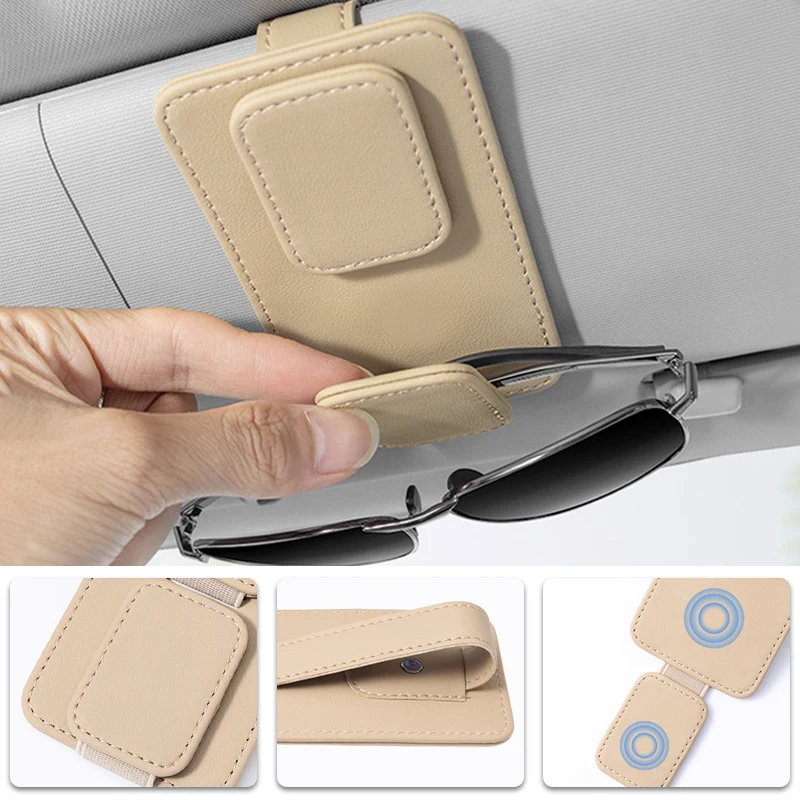 Magnetic PU Car Glasses Holder for Sun Visor with Card Slot