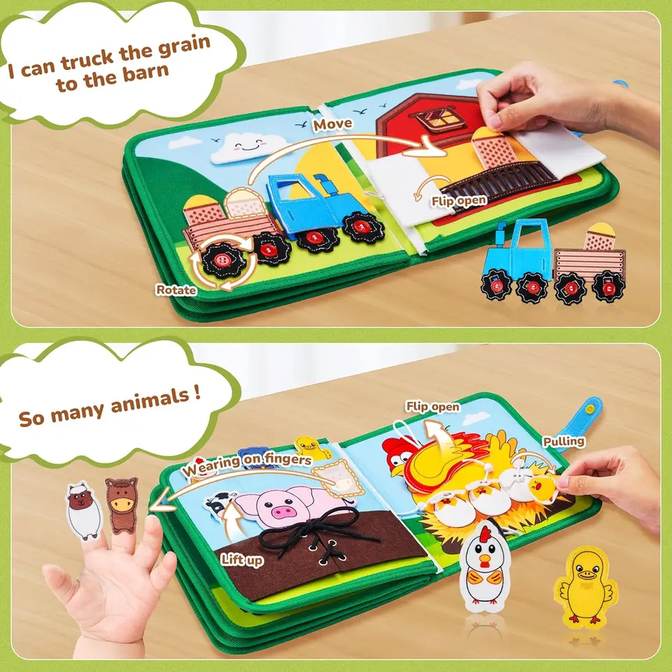 Montessori Busy Board For Toddlers 2-4 Years | Farm Animals Quiet Book | Travel Activity Toy For Car, Airplane, Home