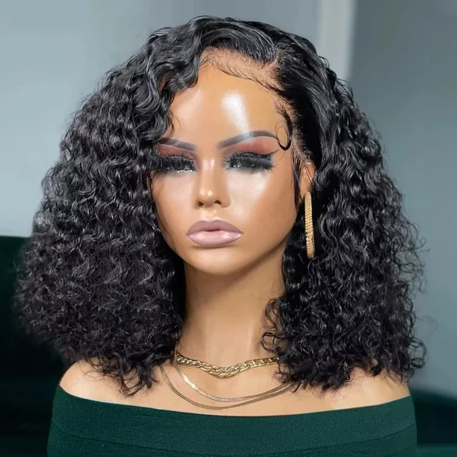 13x4 Short Curly Human Hair Bob Wigs Deep Water Wave Lace Front Human Hair Wigs 4x4 Brazilian Remy Wig 100% Human Hair 14 Inch