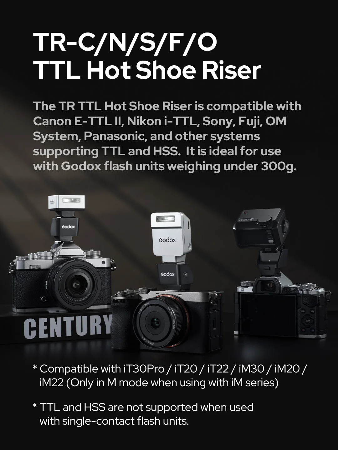Godox TR Hot Shoe Riser for iT30Pro iT20 iT22 iM20 iM30 Flash, Godox FS-R Foldab