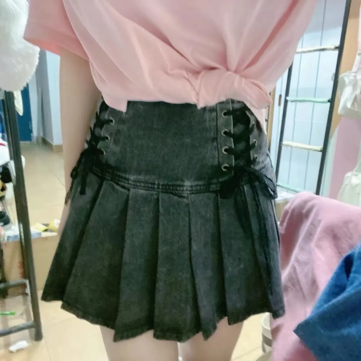 Jupe plissée en mini denim taille haute kawaii