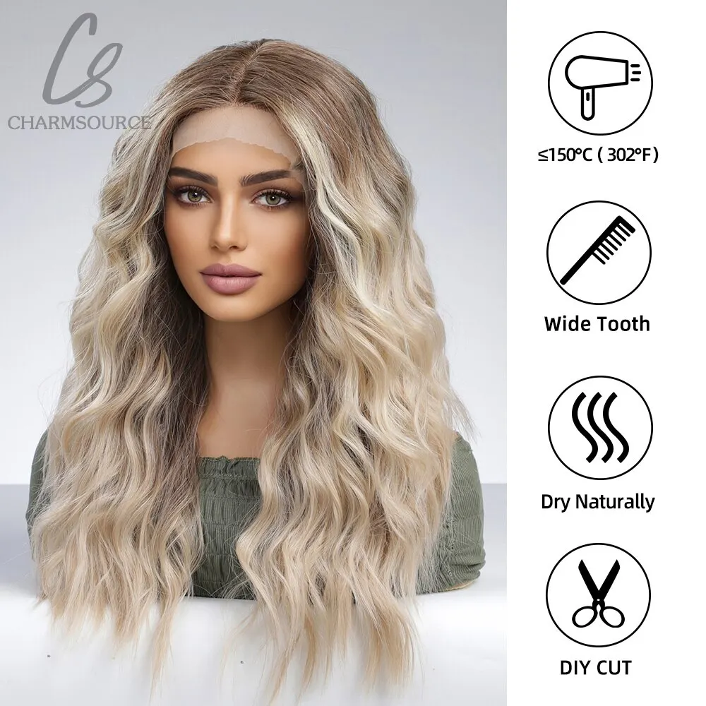 Lace Front Wig Long Brown Ombre Highlight Blonde Hair Body Wavy Synthetic for Women Daily Use High Density for Lace Front Wig Lace Wigs Synthetic Wigs Womens Synthetic Wigs