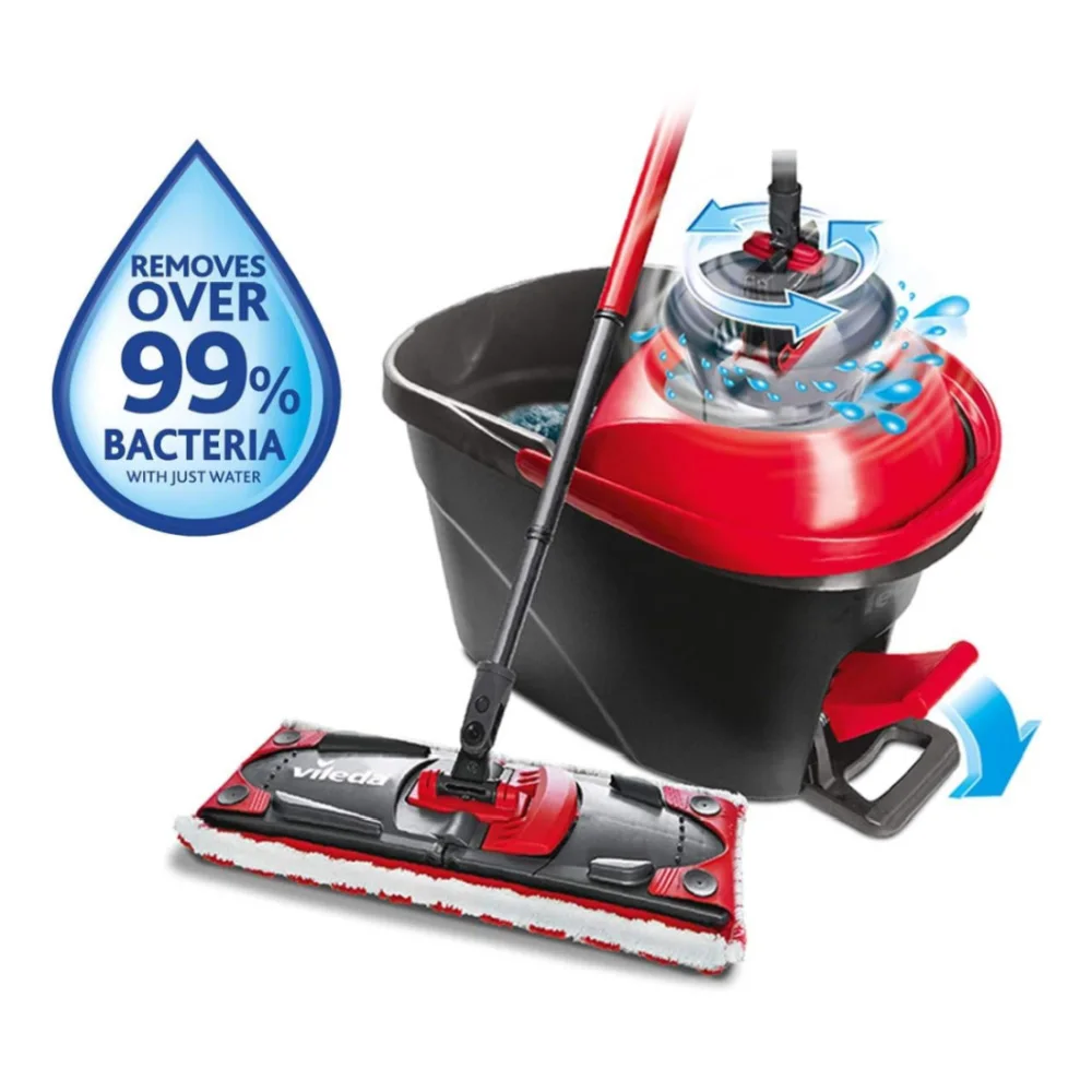 Vileda Ultramax Turbo Flat Mop E Set Di Secchi Con Manico Telescopico, Copertura In Microfibra Con Power Spinner