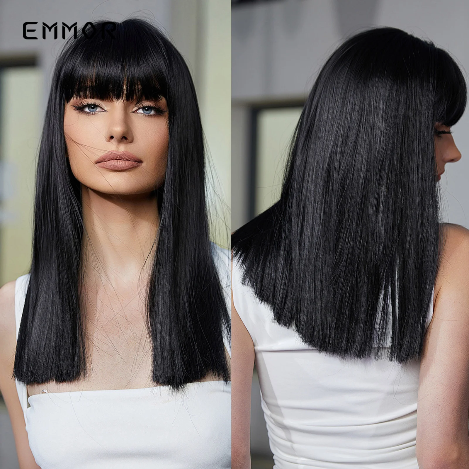 Emmor Black Medium Straight Bob Synthetic Wig with Bangs Cosplay Party Natural Lolita Women Girls Wigs Heat Resistant Fibre Hair