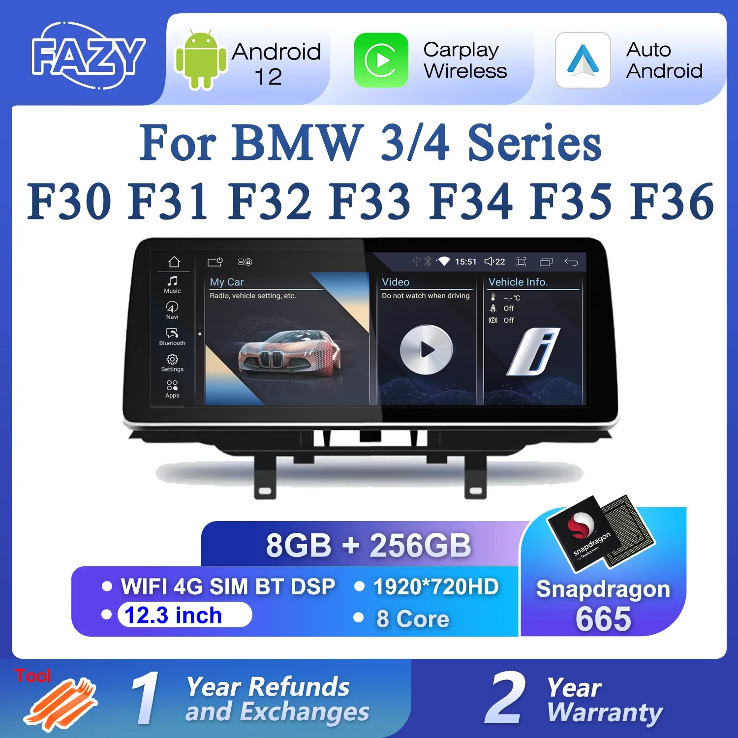 

12.3inch Android 12 CarPlay For BMW 3 4 Series F30 F31 F32 F33 F34 F35 F36 Multimedia Player Autoradio Stereo 8+256GB GPS Navi