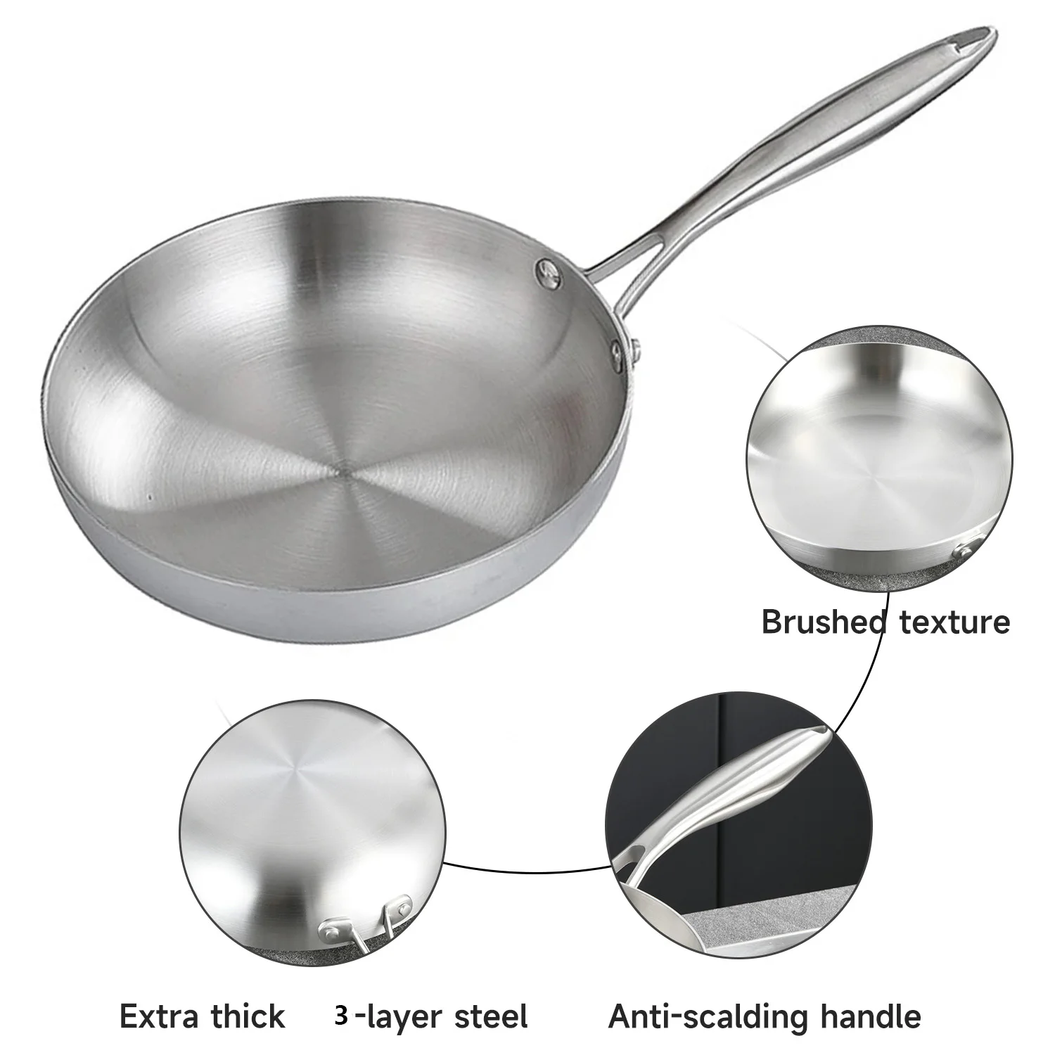 Stainless steel frying pan held by handle