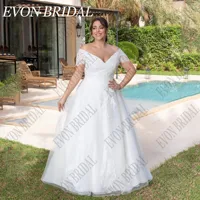 EVON BRIDAL Off Shoulder Wedding Dress Plus Size Woman Bride Lace Up V-Neck A-Line Tulle Applique Custom Made Robe De Mariée 1