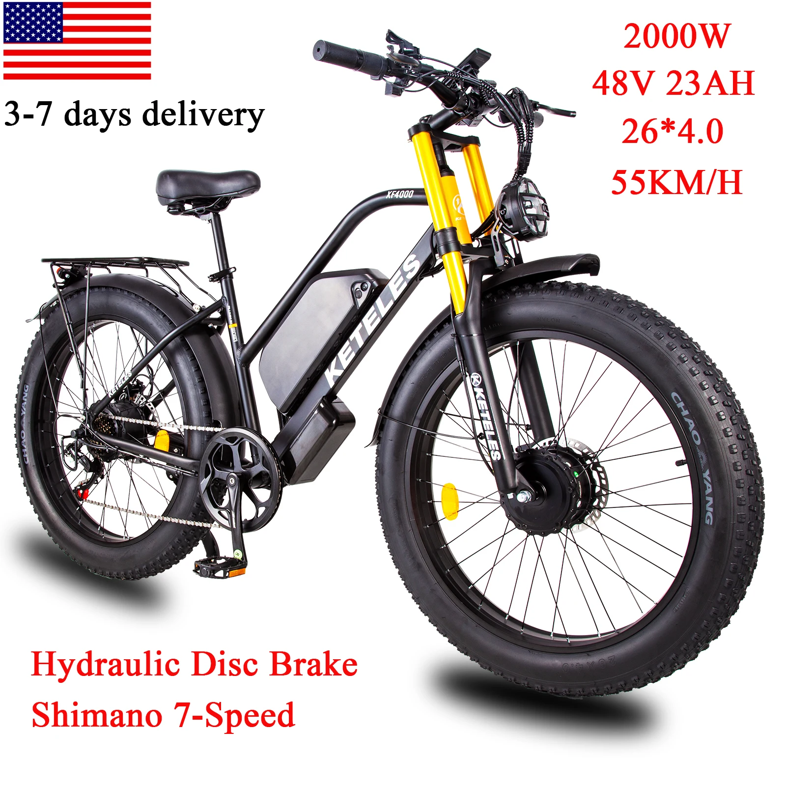 

XF4000 Dual Motor Electric Bicycle, 2000W E Bike, 48V, 23AH Big Battery, Hydraulic Disc Brake, Shimano 7 Speed, 26x4.0 Tire