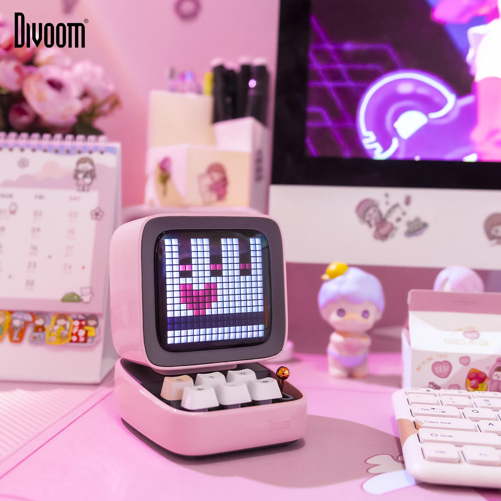 Ditoo 블루투스 스피커, 레트로 픽셀 아트 게임, 16X16 LED 앱 제어 전면 스크린 핑크, DIY LED 디스플레이 보드