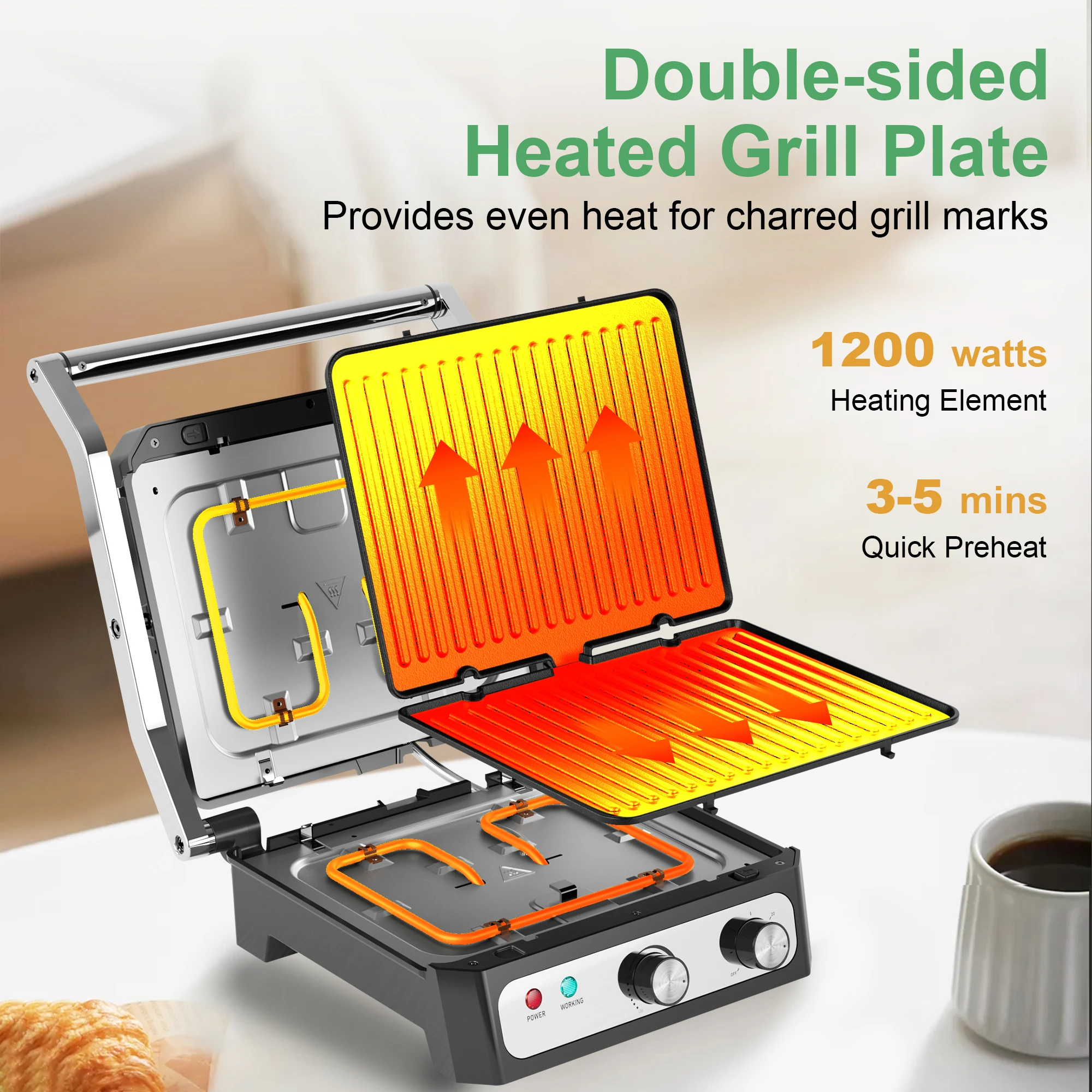 Electric Panini Press Sandwich Maker, 1500W Indoor Grill with Non-Stick Coated Plates, Temperature Control & Removable Drip Tray 3