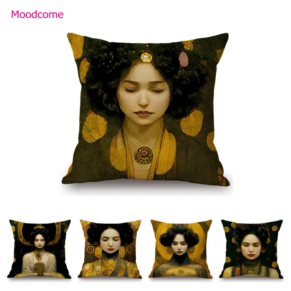 

Nouveau Art Klimt Style Beautiful Minority Ethnic Girl Lady Portrait Oil Painting Home Decoration Art Pillow Case Cushion Cover