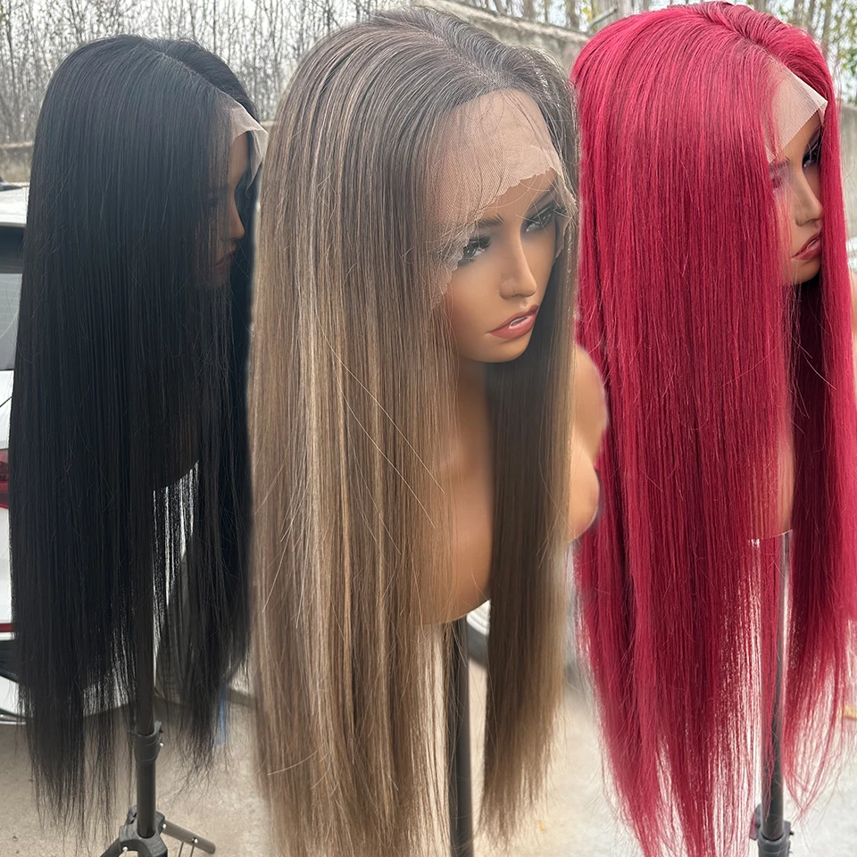 Synthetic Wig for Women,4x4 Straight Lace Front Highlight Brown Blond Ombre 27/613 Lace Closure High Fiber Cosplay,synthetic wig