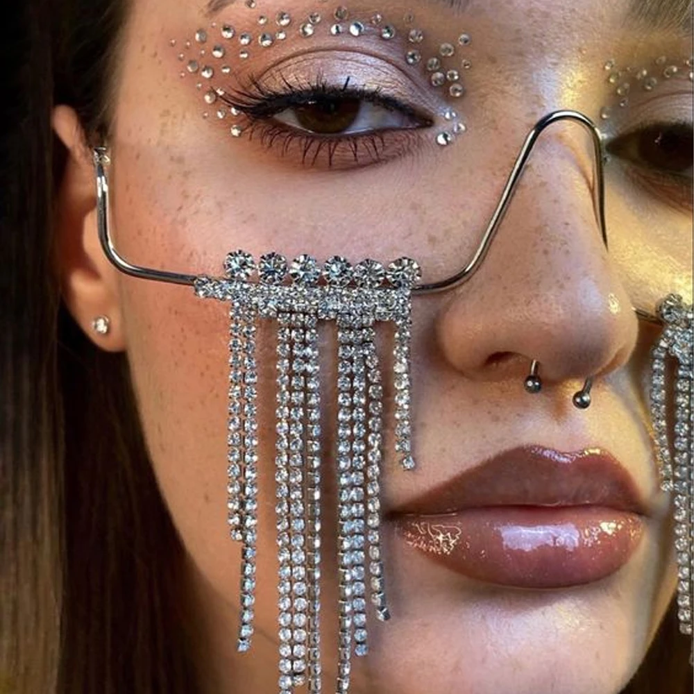 Fashion Tassel Glasses Frame No Lens Half Metal Women Crystal Face