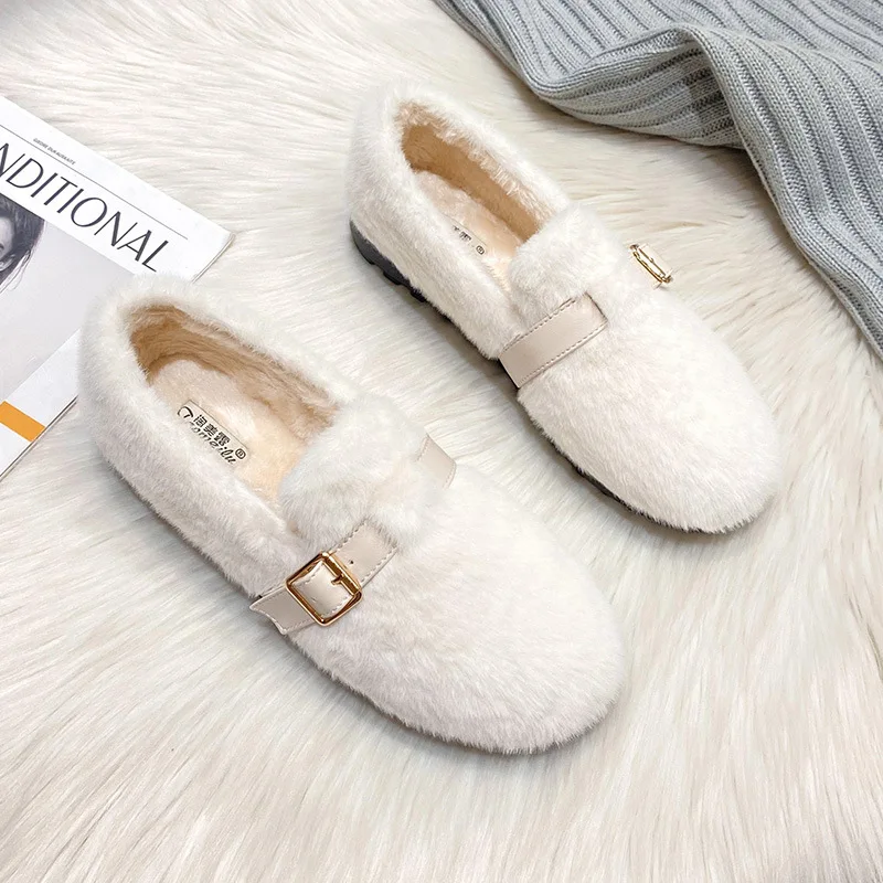 Winter Warm Women&rsquo;s Plush Flat Shoes belt buckle mary jane Ladies casual boat shoes Outdoor office wear