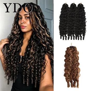 Treccia Boho a Crochet con Piume Riccioline Birmane di Colori Misti, Capelli Umani, Marrone con Highlights, Pre-annodate, Senza Nodi, Miracle Knots