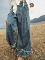 TIYIHAILEY Wide Leg Long Pants For Women Denim Trousers Elastic Waist Casual Tassels Jeans Ladies 2025 New Fashion 1