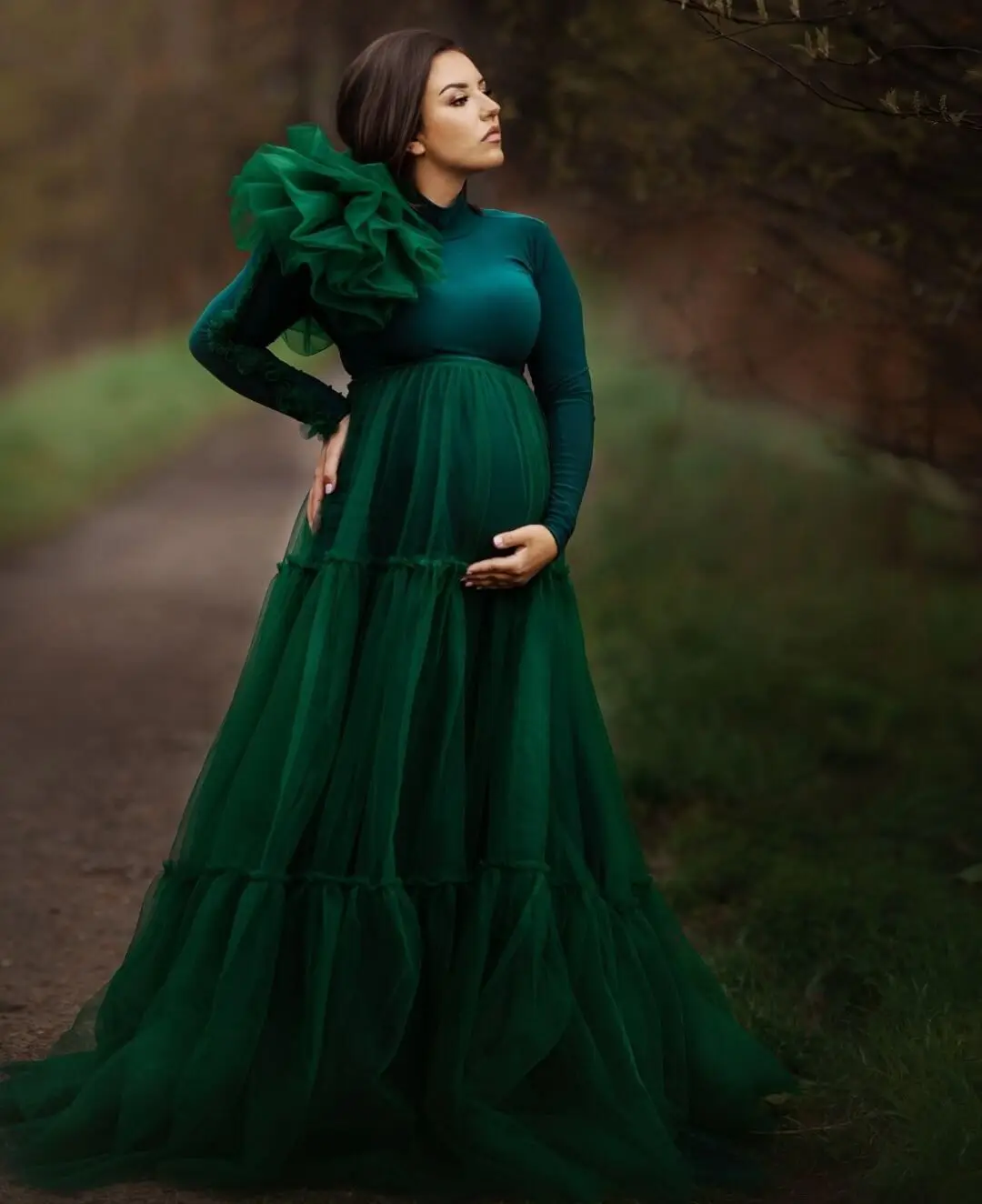 

Hunter Green Tulle Pregancy Maternity Dresses Long Sleeves High Neck Mixi Tulle Prop Ruffles Babyshower Gowns For Photo Shoot