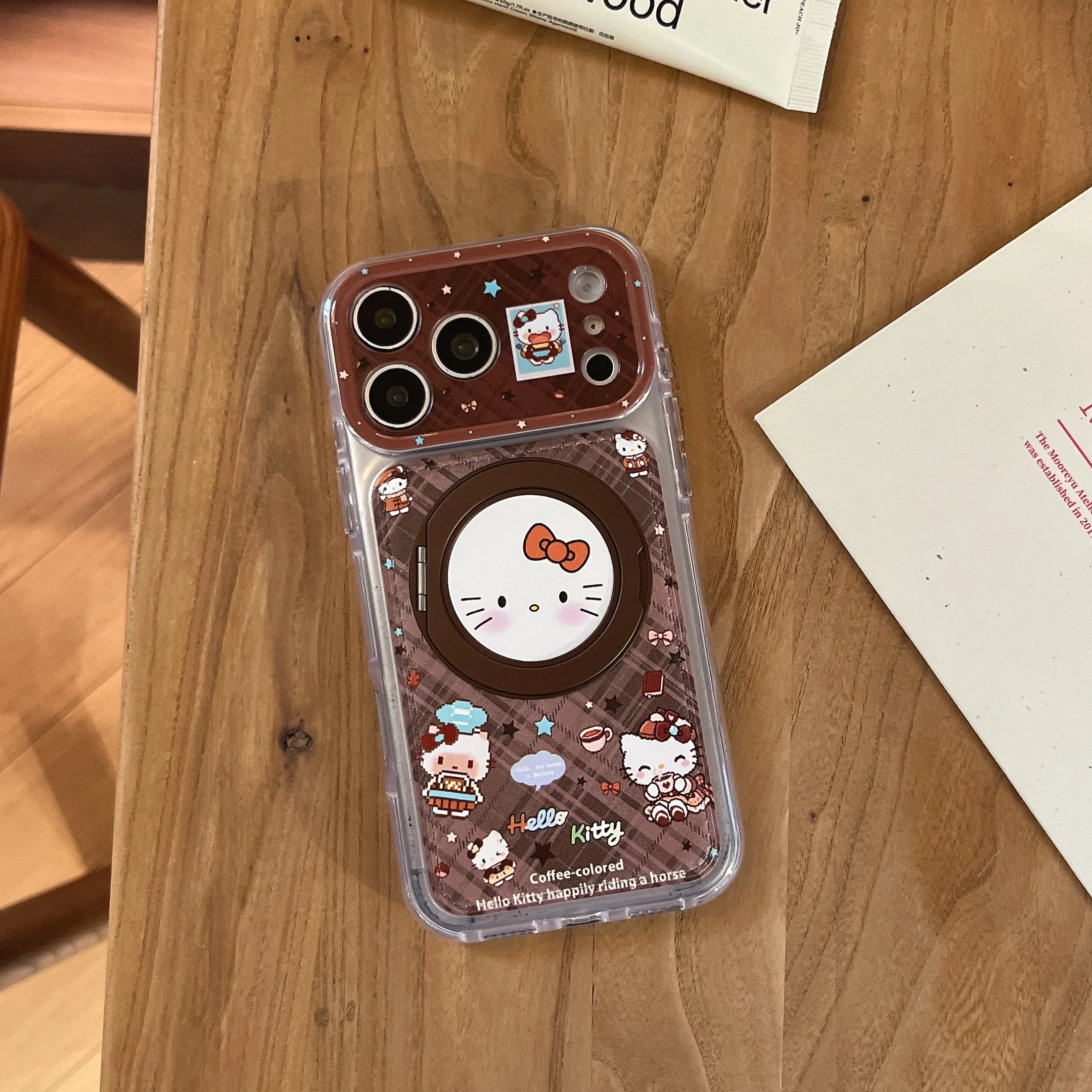 Kawaii Cartoon Kitten Plaid Leather Phone Case with MagSafe Holder - Cute Shockproof Cover