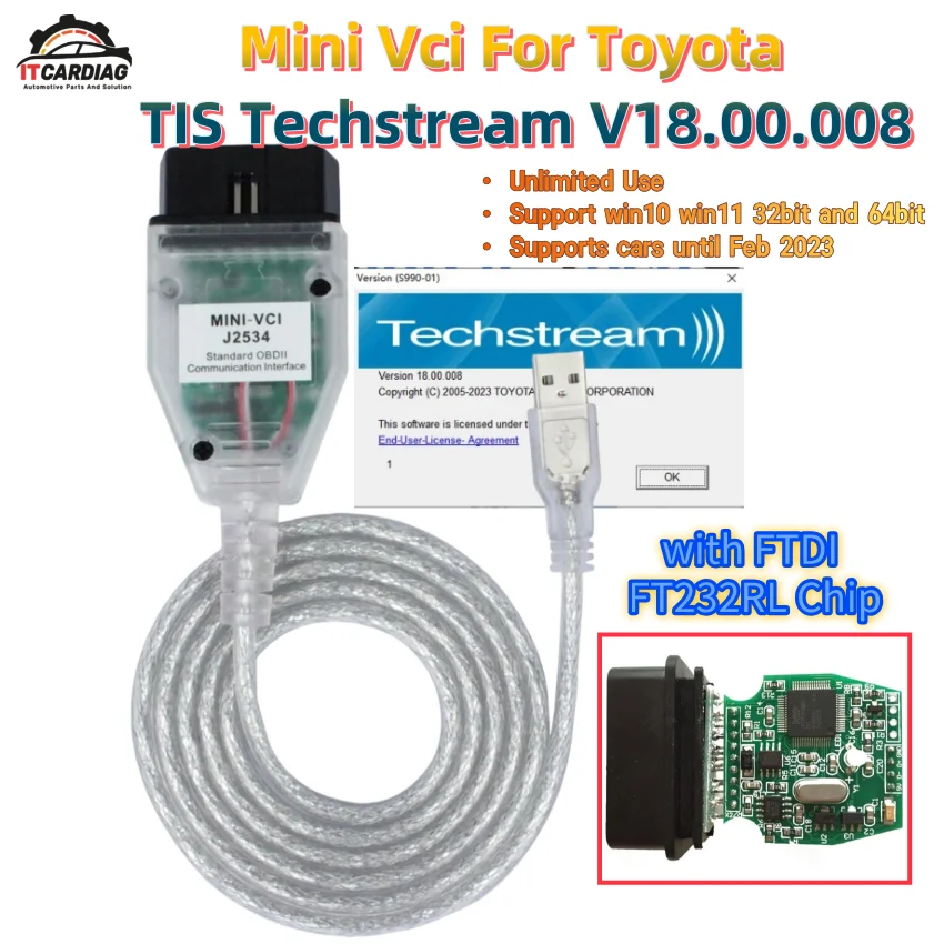 Mini Vci J2534 V18.00.008 for Toyota TIS Techstream FTDI FT232RL OBD-2 ...