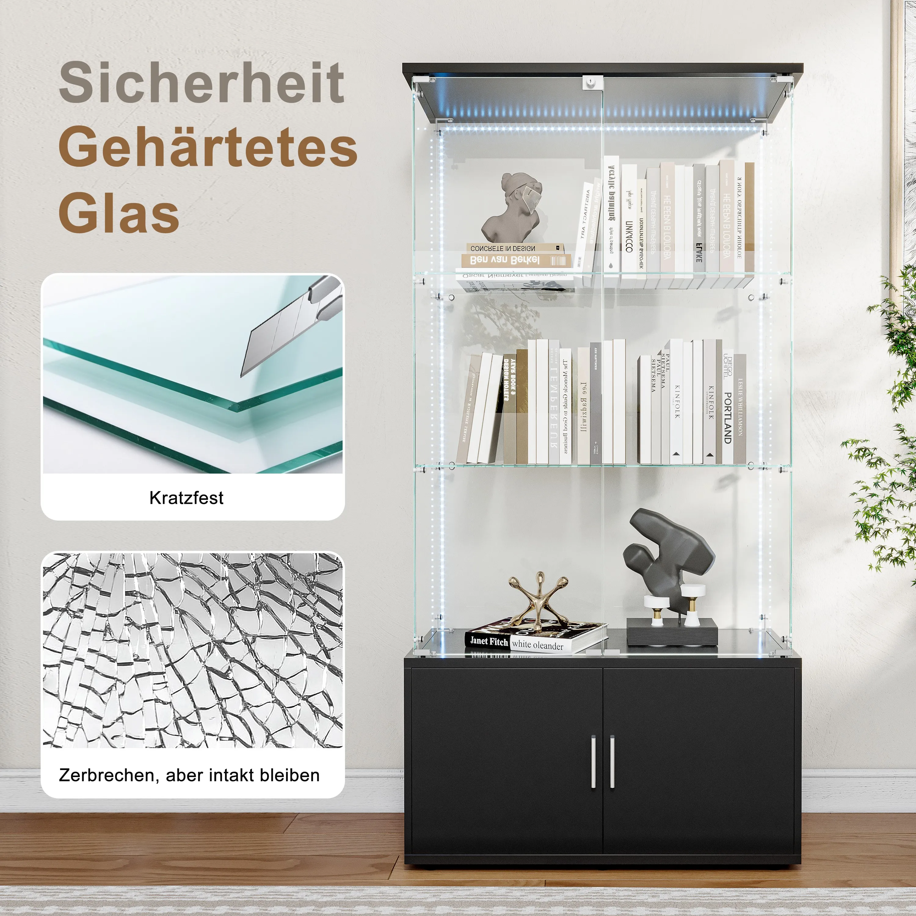 Rosahqnda Freistehende Küchenschränke mit Glastür, Glas Küchenschrank Anzeigeschränke Glas Anzeigeschrank mit 5 Regalen – Detail 36