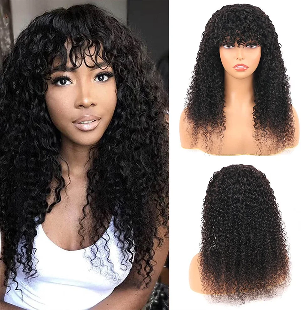 Jerry Curly Human Hair Wigs With Bangs Brazilian Remy Curly Human Hair Wigs For Women Full Machine Made No Lace Curly Fringe Wig