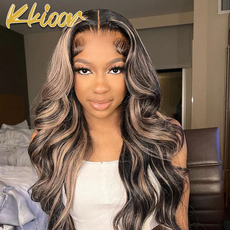 

30 32 inch Colored Highlight Body Wave 13x6 Lace Front Human Hair Wig Black Hair 180% 13x4 Water Wave Lace Frontal Wig For Women