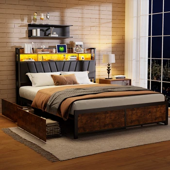 Rosahqnda Letto matrimoniale, LED regolabili e 4 cassetti, USB, ricaricabile, testiera portaoggetti, camera da letto, legno, letto in ferro 1