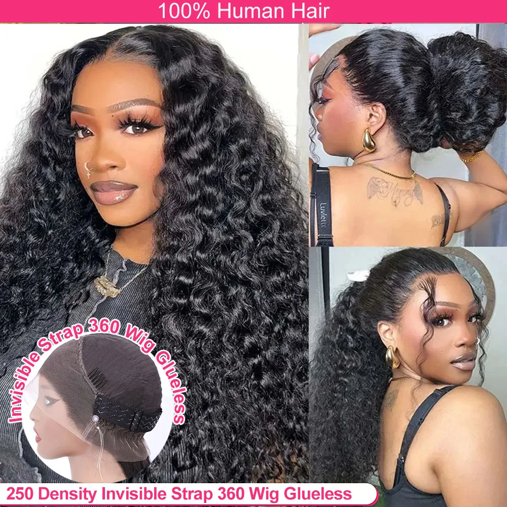 250 Density Deep Wave Frontal Wig Invisible Strap 360 HD Full Lace ...