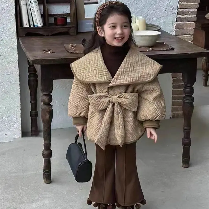Fashion Baby Girl Princess Cotton Padded Jacket Spring Autumn Winter Child Bow Coat Waist Outwear Solid Color Baby Clothes 1-8Y
