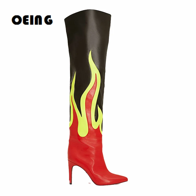 

Autumn Women Patchwork Flame Faux Leather Boots Sexy Pointed Toe Stiletto Heels Over The Knee Boots Party Club Dress Women Shoes