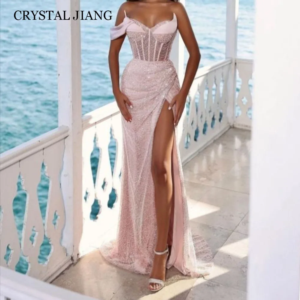 Classy Long Pink One Shoulder Glitter Sequins Evening Dresses Sleeveless with Slit Mermaid Sweep Train فساتين السهرة Party Gowns