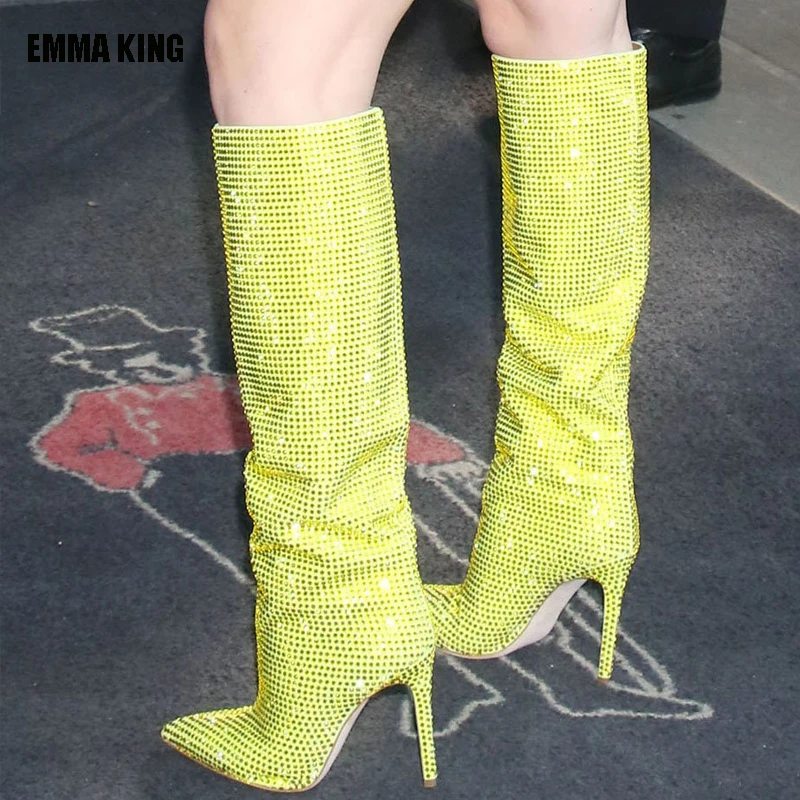 

Yellow Crystal Rhinestone Stiletto Heels Shoes Woman Sexy Slip-On Knee High Boots Pointed Toe Bling Strass Spice Girl Botas 44