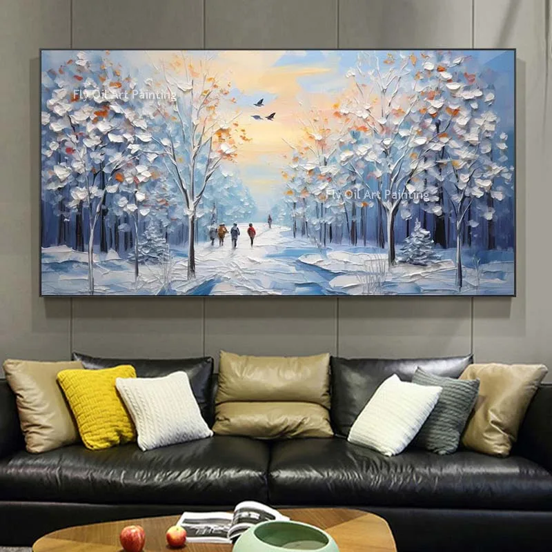 

Skiing Modern Landscape Hand Painted Artwork Canvas Texture Oil Canvas Painting Pine Forest Winter White Home Wall Decor Art