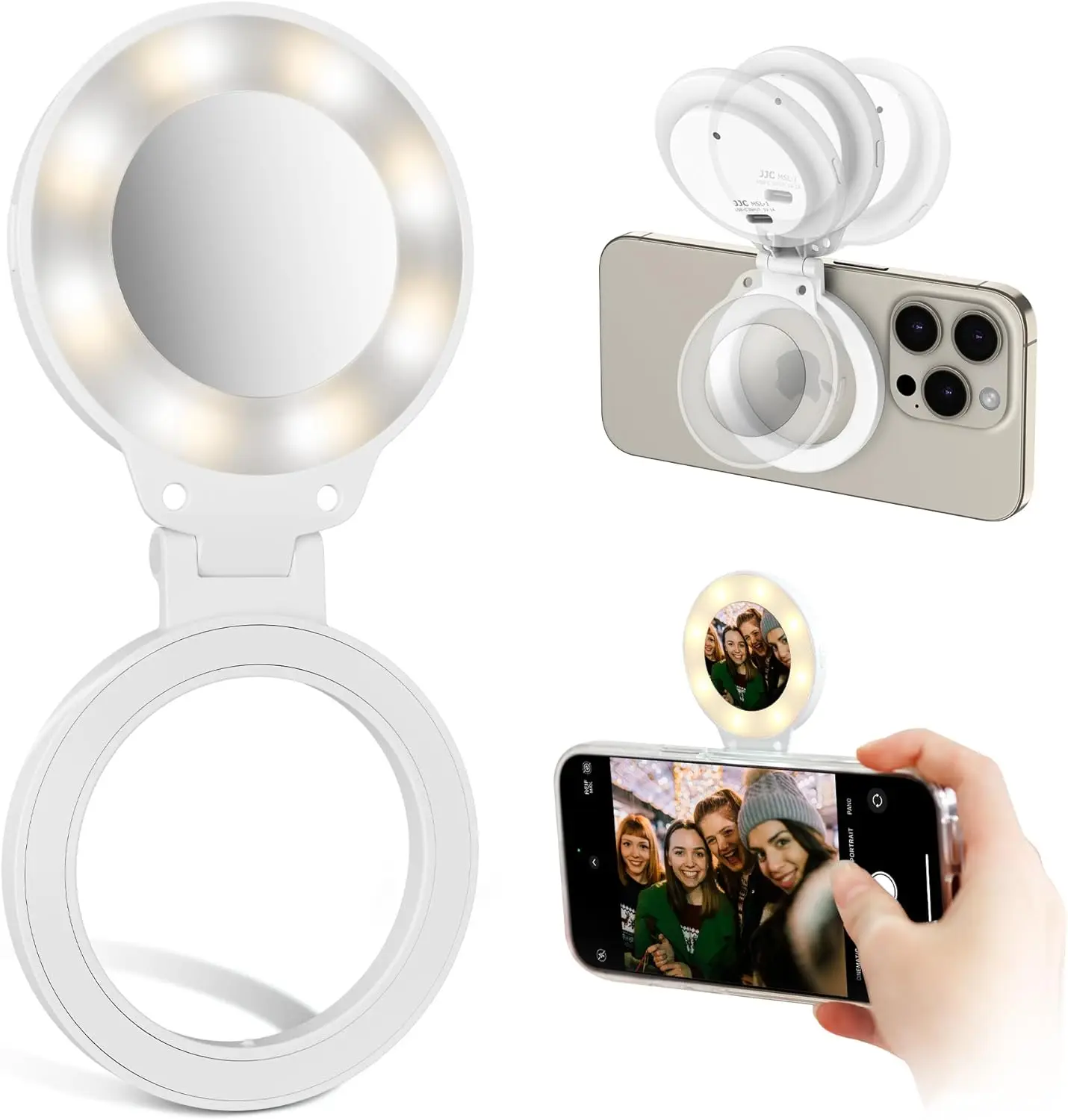 JJC Magnetic Selfie Light for Phone Rechargeable Selfie LED Ring Light 3 Adjustable Light Modes 180°Foldable for iPhone 15 14 13