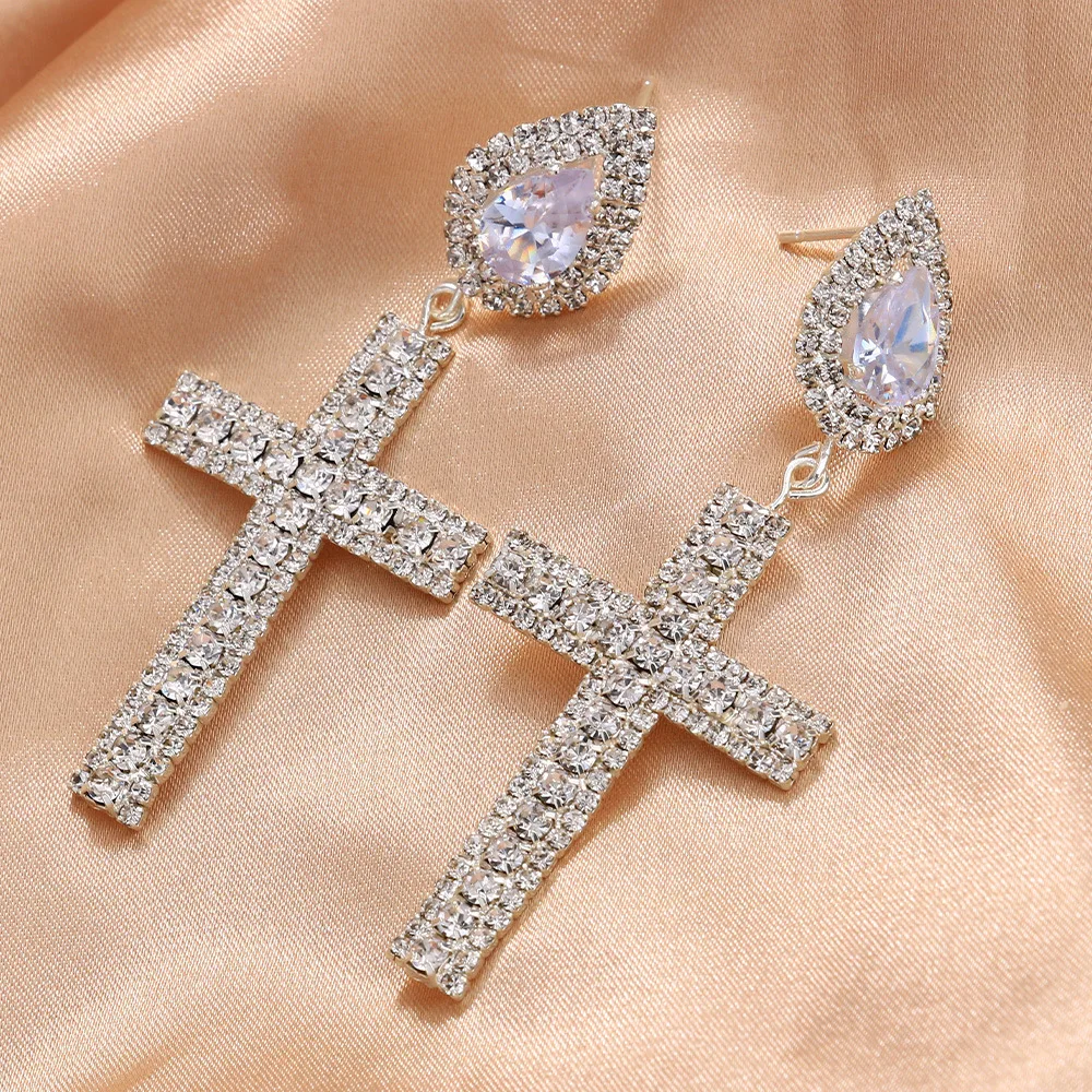 Stonefans Vintage Crystal Cross Earrings Shiny Trend Zircon Water Drop Piercing Jewelry for Women