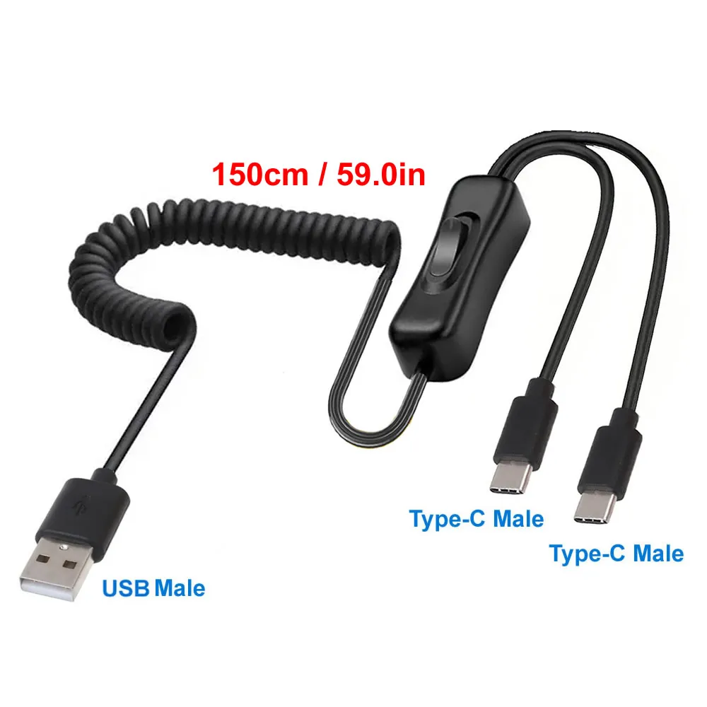 USB Type C Spring Telescopic Charging Cable with On/Off Switch - Extension Cord with Double USB Splitter