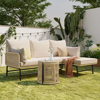 Set di mobili 4 posti + 1 tavolo, beige e struttura in corda di ferro, per giardino, terrazza, patio, relax all'aperto 1