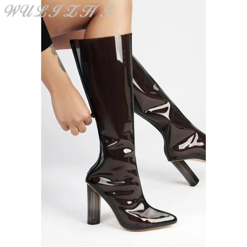 Fashion Transparent Knee High Boots Pvc Spring New Women's Back Zipper Modern Boots Pointed Toe Thick Heel Waterproof Botas
